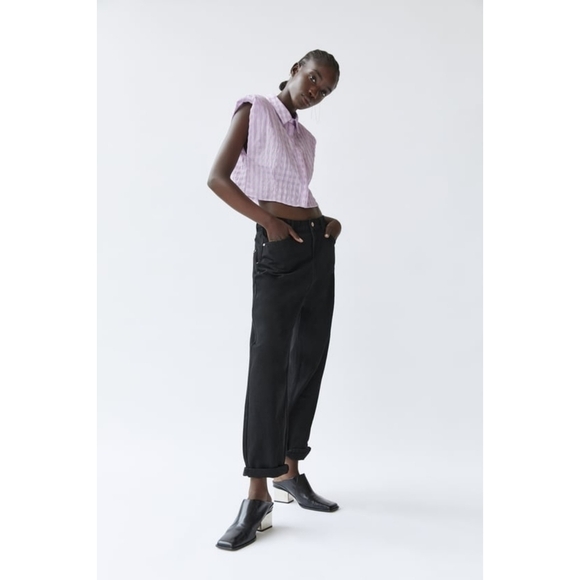 Zara Crop Top Seersucker Shoulder Pad Muscle Button Up Plaid - Picture 1 of 16